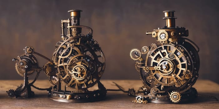 Steampunk Clockwork: An intricate mechanism blending gears, cogs, vintage brass elements, evoking Victorian-era technology. Think of a fusion between artistry functionality in a time-worn machine. Generative AI