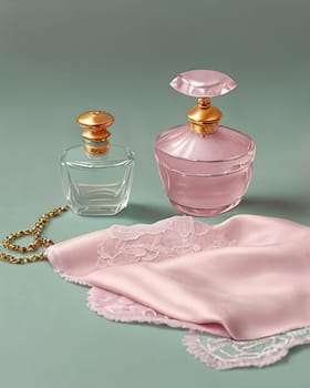 Pastel Palette. A still life scene featuring pastel-colored feminine accessories like a delicate pearl necklace, a lace handkerchief, and a vintage perfume bottle against a soft textured background for a sophisticated and timeless look.