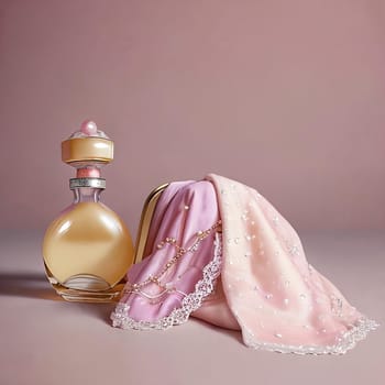 Pastel Palette. A still life scene featuring pastel-colored feminine accessories like a delicate pearl necklace, a lace handkerchief, and a vintage perfume bottle against a soft textured background for a sophisticated and timeless look.