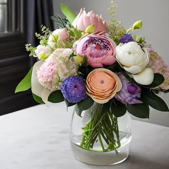 Sophisticated floral arrangement using a mix of different blooms such as peonies, hydrangeas, and ranunculus.