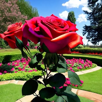 Timeless beauty of a classic rose garden in full bloom. Different angles and perspectives to showcase the rich colors and exquisite petal formations of various rose varieties. Panorama
