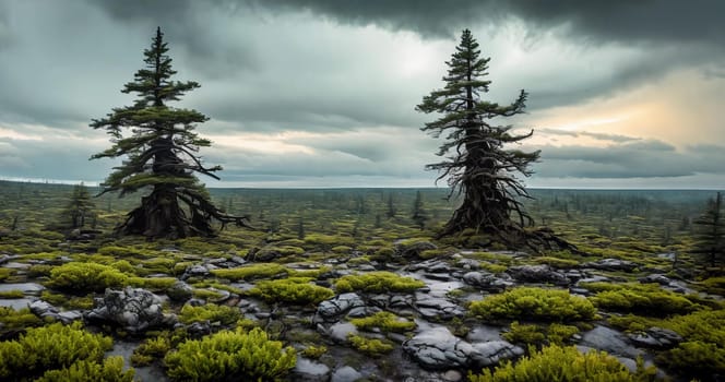 Post-nuclear Wilderness. Landscape transformed by nuclear fallout, featuring mutated flora, eerie rock formations, and a toxic sky tinged with ominous hues.