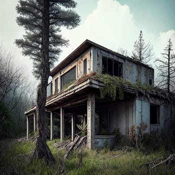 Nature's Takeover. Post-apocalyptic setting where nature prevails, with trees growing through broken concrete, wildlife thriving in abandoned structures, and a sense of harmony between man-made structures and the natural world.