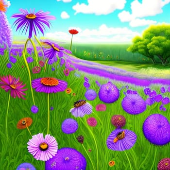Whimsical and enchanting background using a blend of wildflowers such as dandelions, lavender, and poppies. Panorama