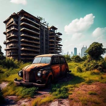 Abandoned cityscape, Deserted cityscape overgrown with vegetation, showcasing dilapidated skyscrapers, rusted cars, and nature reclaiming the urban environment.
