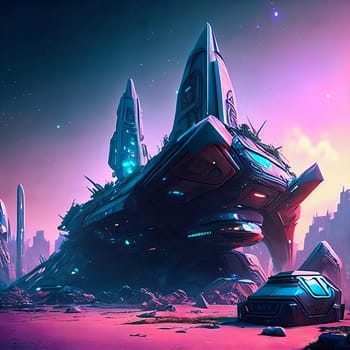 Ruins of a Futuristic Society. Futuristic buildings in ruins, featuring crumbling high-tech architecture, holographic signs flickering, and remnants of advanced technology scattered around.