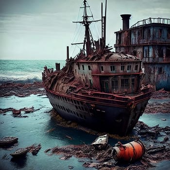 Shipwrecked World. Post-apocalyptic coastal scene with sunken ships, washed-up debris, and a desolate shoreline overlooking a vast and unforgiving sea.