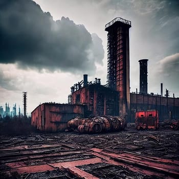 Industrial Decay. Industrial area in decay, with abandoned factories, rusty machinery, and a polluted skyline creating a haunting scene of industrial collapse.
