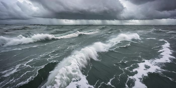 The power of a destructive hurricane by capturing the immense storm surge flooding coastal areas, showcasing the relentless force of nature's wrath. Panorama