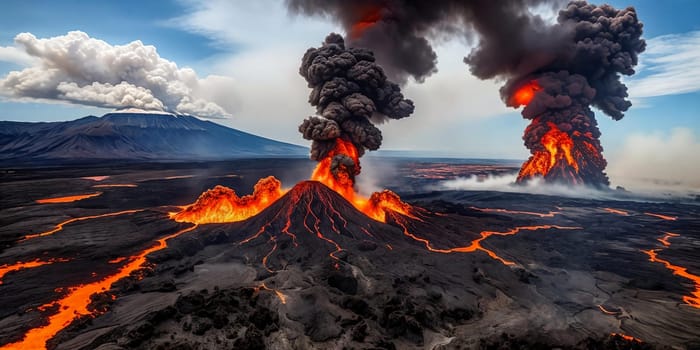 The dramatic eruption of a volcano, emphasizing the fiery lava spewing from the crater and the ash cloud billowing into the sky, showcasing the volatile beauty of nature's fury. Panorama