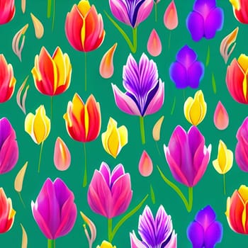 Vibrant spring-themed background featuring a variety of colorful tulips arranged in a visually appealing pattern. Panorama