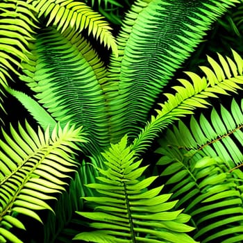 Elegance of nature. lush green botanical backdrop filled with different types of ferns, leaves, and foliage. Panorama