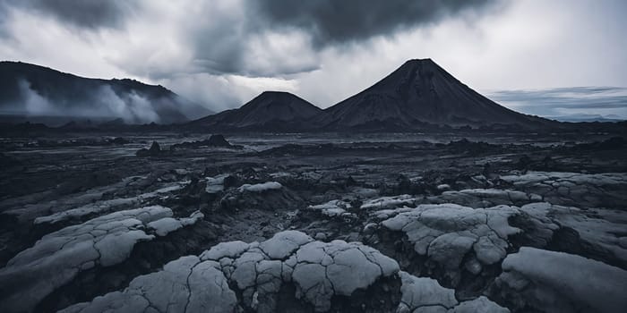 The aftermath of a volcanic eruption with layers of ash covering the surrounding landscape, creating an eerie and monochromatic scene that portrays the devastation caused by the event. Panorama