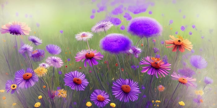 Whimsical and enchanting background using a blend of wildflowers such as dandelions, lavender, and poppies. Panorama