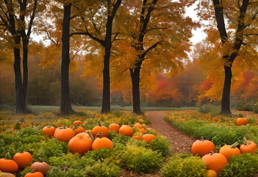 In the enchanting forest, November's Halloween pumpkin harvest unfolds. Bright orange orbs adorn the ground, a stunning sight amidst the autumn foliage. Generative AI.