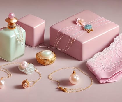 Pastel Palette. A still life scene featuring pastel-colored feminine accessories like a delicate pearl necklace, a lace handkerchief, and a vintage perfume bottle against a soft textured background for a sophisticated and timeless look.