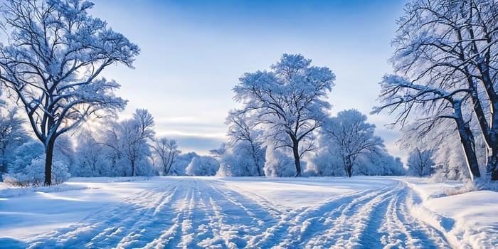 A serene winter landscape, snow blankets the ground, trees adorned with frost, picturesque panorama. Generative AI