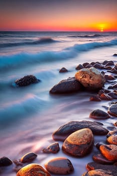 Coastal Charm. Rugged beauty of a coastline at sunset, capturing the intricate patterns of rocks and shells washed by the gentle waves under the warm, golden light.