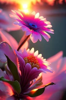 Floral Fantasy. Intricate details of a blooming flower as it catches the last rays of the setting sun, highlighting its delicate petals and vibrant colors in a dreamy, ethereal light.
