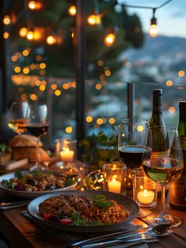 A luxurious dinner table in a pleasant atmosphere. The beautiful scenery makes for a wonderful night. Images like this are often used to post on social media, write blogs or set as wallpaper.