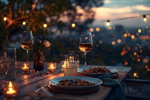 A luxurious dinner table in a pleasant atmosphere. The beautiful scenery makes for a wonderful night. Images like this are often used to post on social media, write blogs or set as wallpaper.
