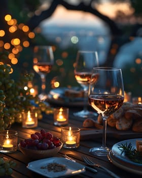 A luxurious dinner table in a pleasant atmosphere. The beautiful scenery makes for a wonderful night. Images like this are often used to post on social media, write blogs or set as wallpaper.