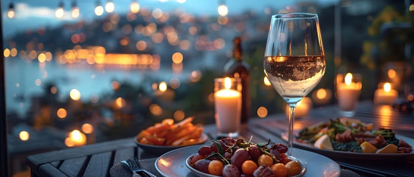 A luxurious dinner table in a pleasant atmosphere. The beautiful scenery makes for a wonderful night. Images like this are often used to post on social media, write blogs or set as wallpaper.