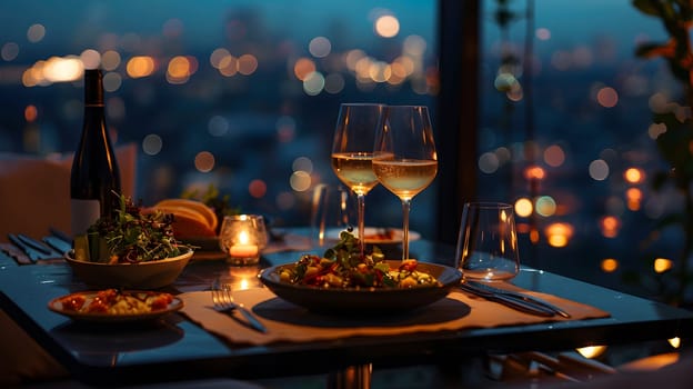 A luxurious dinner table in a pleasant atmosphere. The beautiful scenery makes for a wonderful night. Images like this are often used to post on social media, write blogs or set as wallpaper.