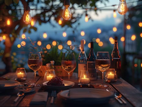 A luxurious dinner table in a pleasant atmosphere. The beautiful scenery makes for a wonderful night. Images like this are often used to post on social media, write blogs or set as wallpaper.