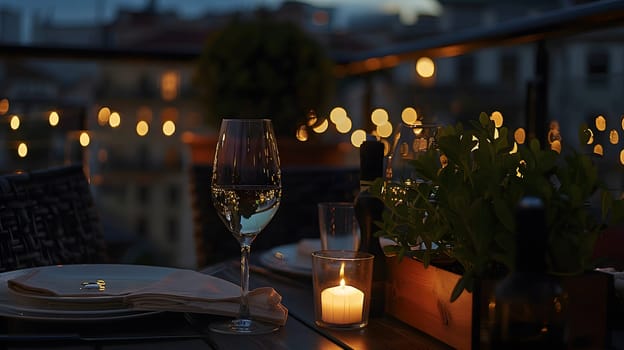 A luxurious dinner table in a pleasant atmosphere. The beautiful scenery makes for a wonderful night. Images like this are often used to post on social media, write blogs or set as wallpaper.