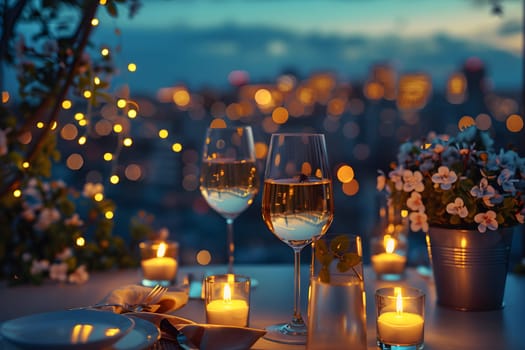 A luxurious dinner table in a pleasant atmosphere. The beautiful scenery makes for a wonderful night. Images like this are often used to post on social media, write blogs or set as wallpaper.