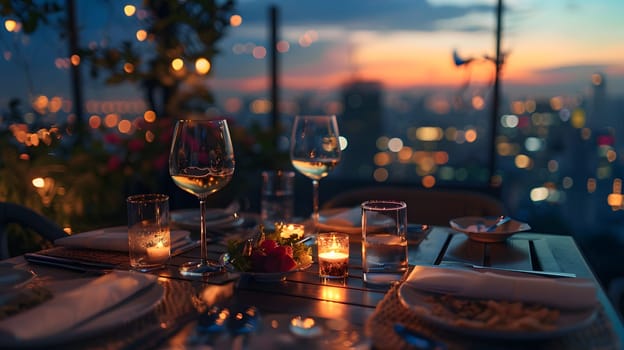 A luxurious dinner table in a pleasant atmosphere. The beautiful scenery makes for a wonderful night. Images like this are often used to post on social media, write blogs or set as wallpaper.