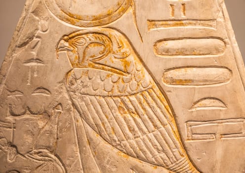 Turin, Italy - March 2023: Egyptian Museum, Pyramidion with Horus falcon - 1279 BC