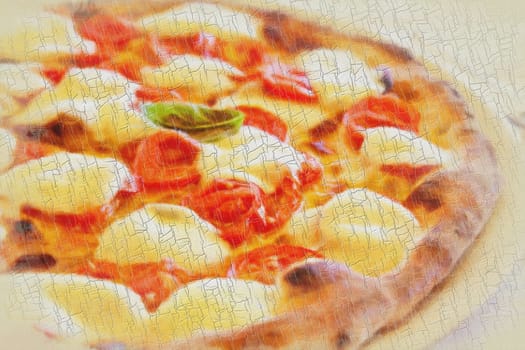 Creative illustration in vintage watercolor design - Pizza Margherita with Mozzarella cheese, basil and tomatoes