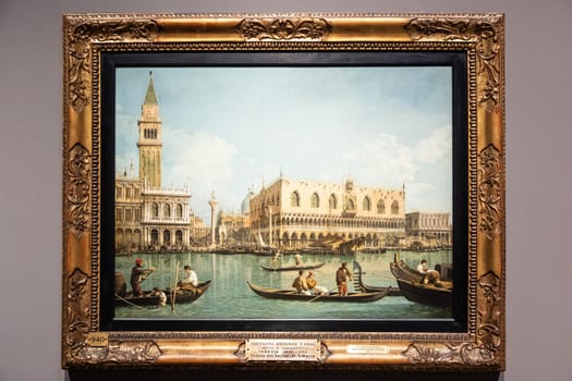 Milan, Italy - 23 September 2023: Brera antique painting museum. View of Venice, by Canaletto, 1745