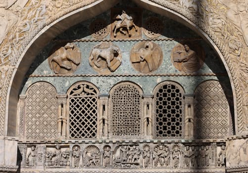 Reliefs and reliefs on the facade of Saint Mark's Basilica in Venice, Italy
