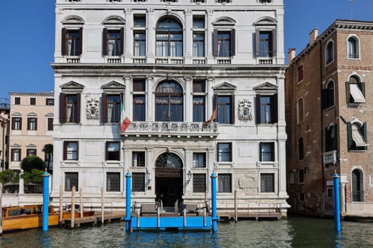 Venice  Italy - September 6  2022: The very luxury Aman Venice hotel set in the former Palazzo Papadopoli on the Grand Canal  in the Sestiere of San Polo, Venice, Italy.