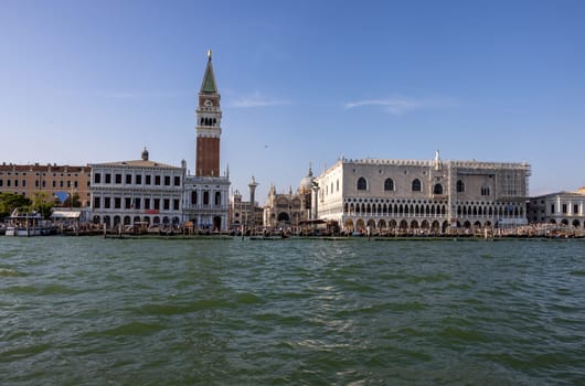Venice, Italy - September 6, 2022: The Doge's Palace and Piazzetta San Marco seen from Bacino di San Marco. Venice, Italy