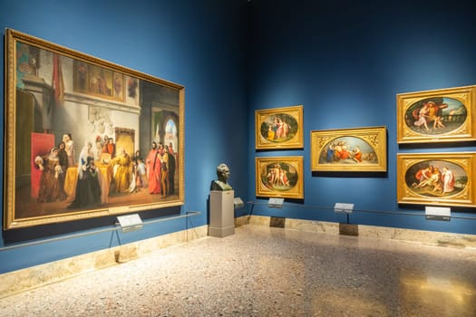 Milan, Italy - 23 September 2023: Brera antique painting museum. Gallery interior, vintage collection