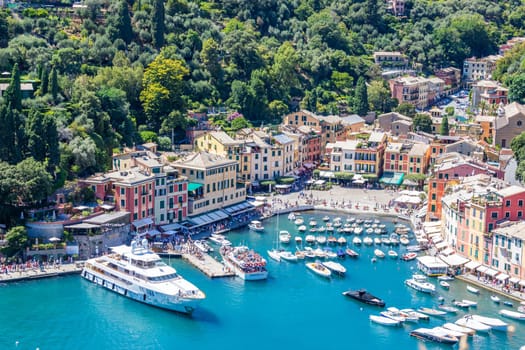 Portofino, Italy - 7 August 2023: scenic panorama with sea and luxury yacht. Italy travel destionation