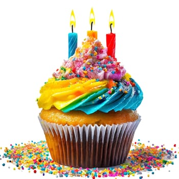 birthday cupcake with candle isolated on white background. AI generated