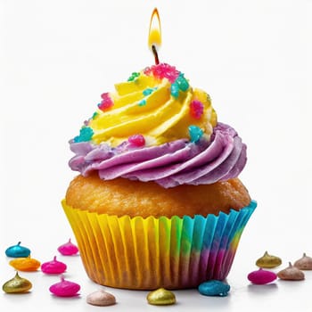 birthday cupcake with candle isolated on white background. AI generated