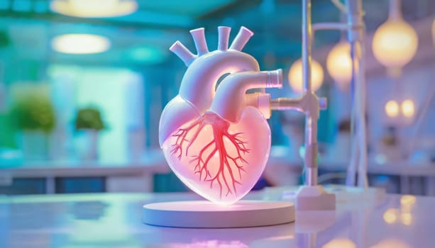 Artificial human heart as a scientific experiment on a laboratory table. Medicine and science concept