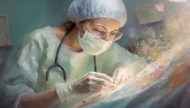Woman surgeon working with patient in surgical operating room. Ai generated painting