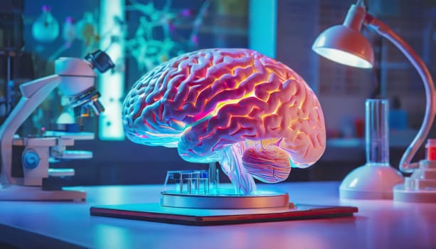 Artificial human brain as a scientific experiment on a laboratory table. AI concept in medicine and science