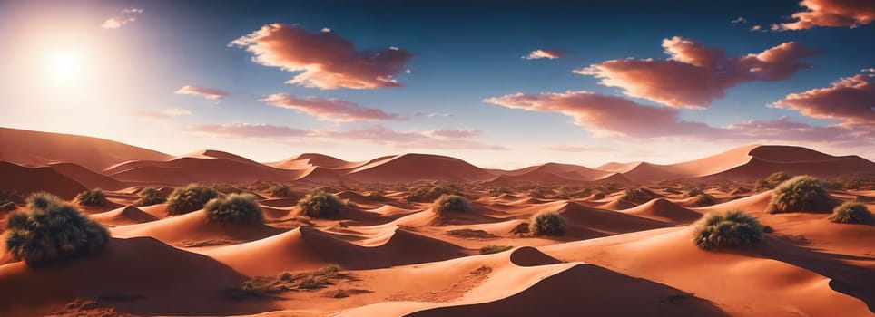 A vast desert expanse with rolling dunes under a cloudy, sunny sky. Generative AI