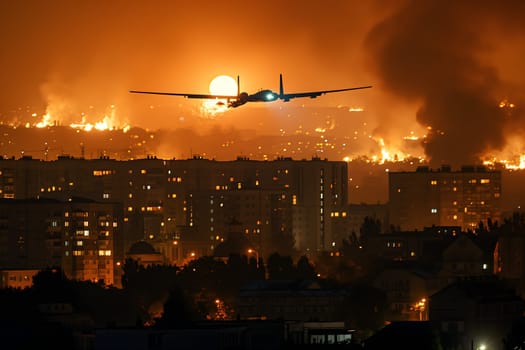 Plane drone over burning city at sunset or sunrise. Neural network generated image. Not based on any actual scene or pattern.