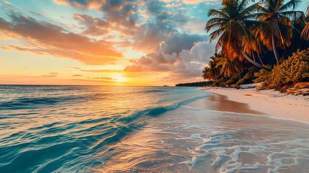 tropical beach view at sunset or sunrise with white sand, turquoise water and palm trees. Neural network generated image. Not based on any actual scene or pattern.