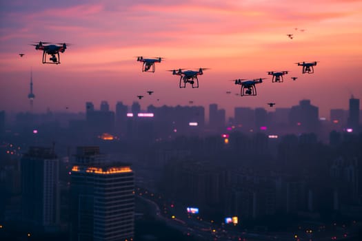 swarm of drones over city at summer sunset or sunrise. Neural network generated image. Not based on any actual scene or pattern.
