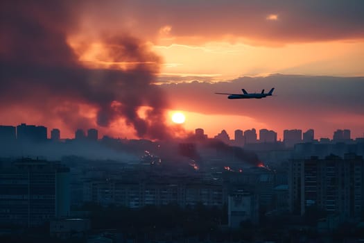 Plane drone over burning city at sunset or sunrise. Neural network generated image. Not based on any actual scene or pattern.